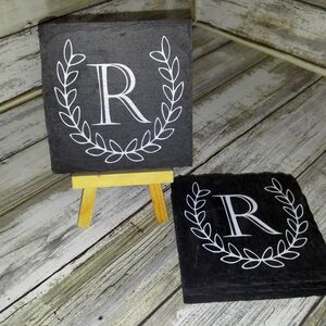 Monogrammed Slate Coasters with White R Initial set of 4